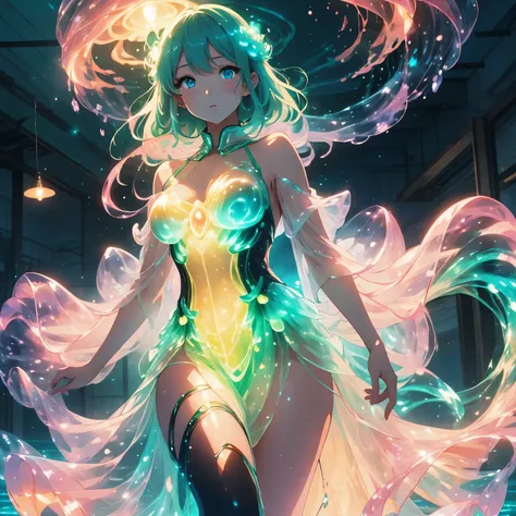 An anime girl emerging from water, her body radiating a fusion of organic life and glowing bioluminescence. Brilliant green veins intertwine with pulsating pink energy across her skin, creating a surreal anatomical study. She wears a form-fitting pink outf...