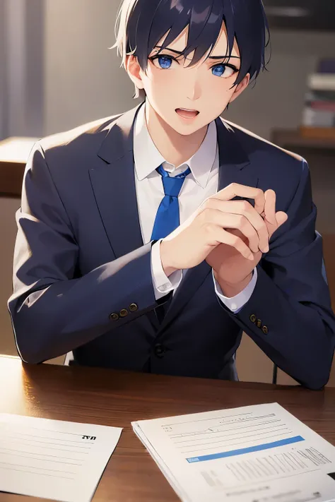 Close up of your face, masterpiece、Best Quality、(2 male:1.5) and (Black short hair) and (blue eyes), (Wearing a suit:1.5) and (Blue tie)、Standing、surprised、open mouth, The background is an office interior、(Alone:1.5)
