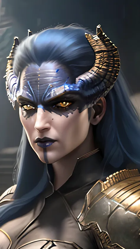 proxima, long hair, blue hair, yellow eyes, colored skin, horns, lipstick, makeup, armor, (insanely detailed, beautiful detailed...