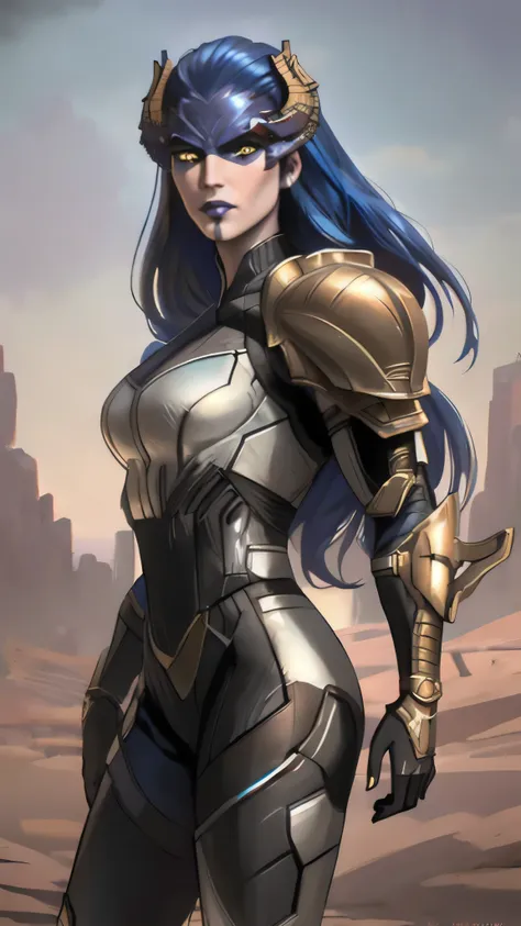 proxima, long hair, blue hair, yellow eyes, colored skin, horns, lipstick, makeup, armor, (insanely detailed, beautiful detailed...