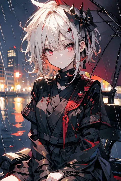 Short brown wavy haired vampire girl with red eyes sitting on a bench at night while raining. With japanese uniform, black jacket and white hair accessories 