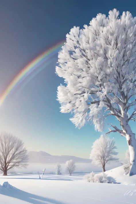 Best Quality，Snowfield，Rime on trees，blue sky，rainbow，White rabbit playing the trumpet，Background Art，8k