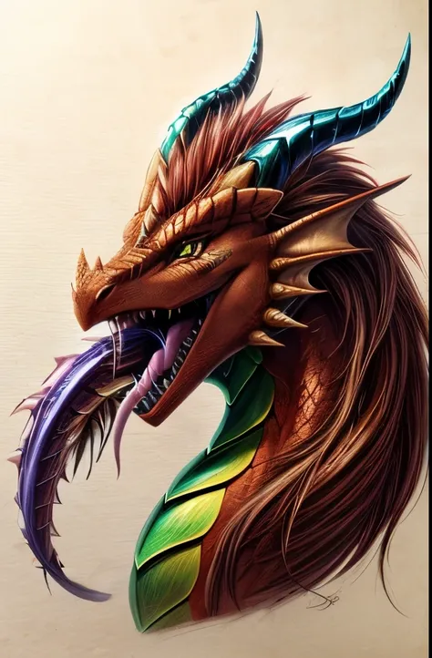 a drawing of a dragon with long hair and a tail, curved horned dragon!, dragon with scars, dragon art, but as an anthropomorphic dragon, well designed female dragon head, dragon mawshot art, as an anthropomorphic dragon, amazing detail. colored, anthro dra...