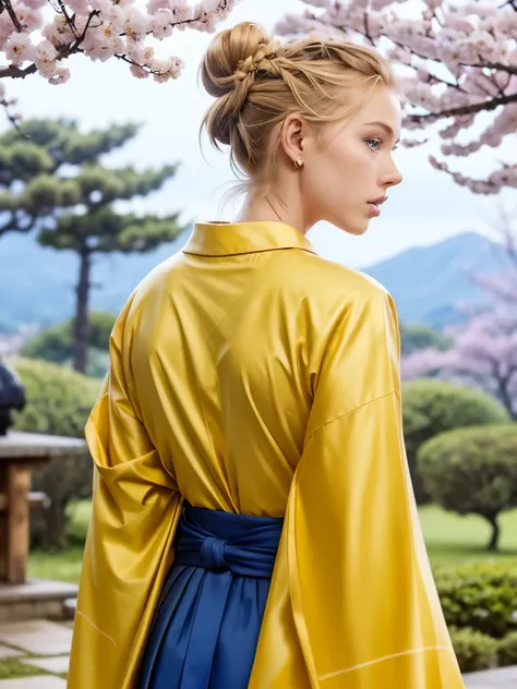 photo seen from behind, ((AlexiaThompson01Rs face)). beautiful. perfect ((blonde hair, hair in a bun, hair falling in one eye, skinny slim emo)), (blue eyes. vibrant blue). perfect skin, white skin. thin nose, thin chin. ((samurai, kimono, yellow kimono) (...