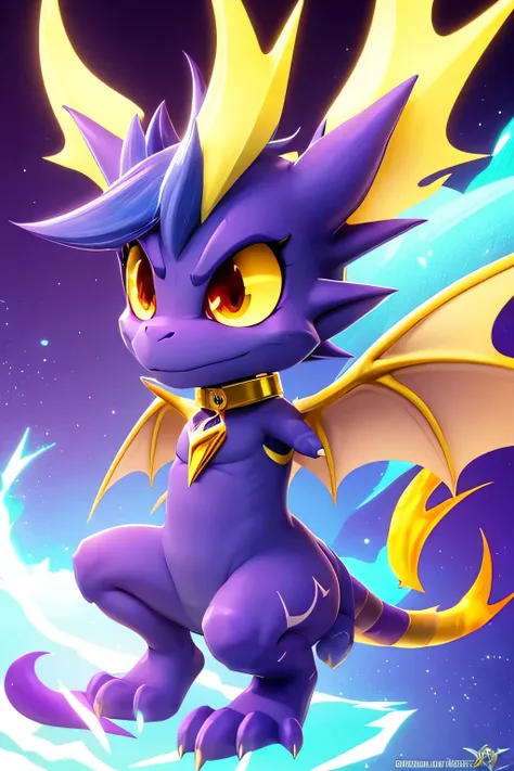 dragon chibi. similar to spyro but in the legend of spyro style. color of body gold. horns color blueish purple. markings on body look like lightning. choose color. she has a necklace that has a lightning symbol on it.