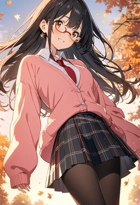 1girl, , brown eyes are shining and cute, black hair, long hair, extremely detailed neat hair,Straight hair, tareme, ((red-rimless eyewear:1.2)), star earrings, medium breasts, smile, blushful,

BREAK
(collared white shirt,  (pink cardigan,buttoned cardiga...