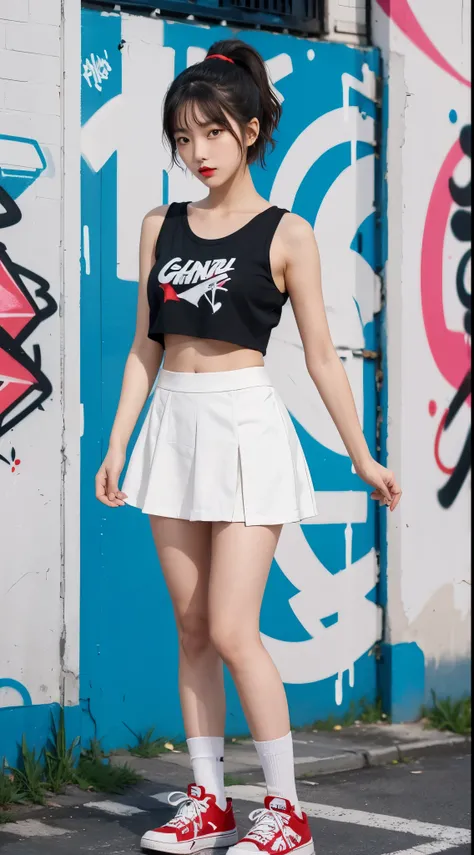 1girl, Korean, Red lips, short hair with ponytail,, white socks and sneakers, pose standing, crop top,  miniskirt, graffiti wall background, Graffiti art,