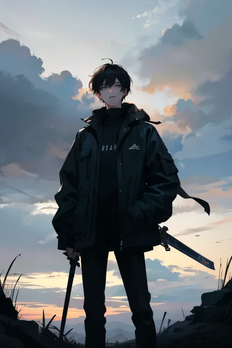 Black simple tone，A man，One hand in pocket，One-handed sword，Stand right in the middle，whole body，Behind him are shadow tentacles spreading like a hurricane，shadow，Silhouette，Black rain falls from the sky，dark cloud，Dark and depressing atmosphere