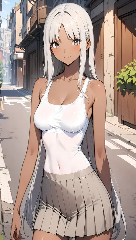 ((masterpiece,Best Quality:1.3,best quality illustrations)),cowboy shot,portrait,1woman,young adult,(center parted bangs),straight long hair,Silver Hair,small head,gray eyes,smile,(gorgeous eyes),((tan skin)),long body,medium breasts,(White tank top,Grey p...