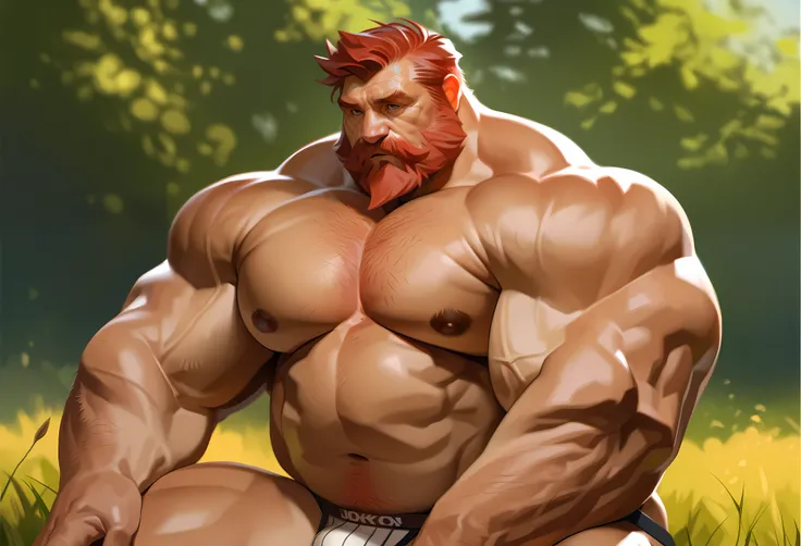 solo, 1boy, Muscular Old man, wide shoulder, pectoral, thick arms, huge pectoral, wide pectoral, sitting on meadow, huge tree background, short red hair, jockstrap and shirtless, simple background, masterpiece, semirealistic:1.2, high detailed, 8k, high re...