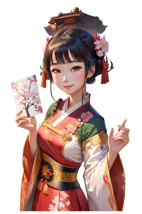 Anime girl in traditional dress holding a card in front of a pagoda,Happy expression，Girl standing in Hanfu, artwork in the style of Gu Weiss, Gu Weiss, extremely detailed Artgerm, Onmyoji Portrait, Inspired by Pu Hua, Inspired by Lan Ying, Artgerm 和 Atey ...