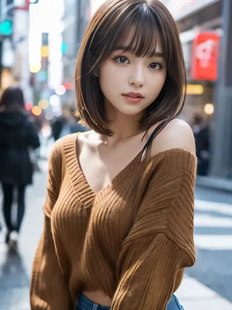 Ultra-high resolution, Quality, Best Quality, ultra detailed, Realistic, 8k, RAW Photos, Best Quality, masterpiece attractive girl, Nice girl, Brown Hair, Shoulder-length layered, Asymmetrical bangs, Japanese Idols, Sophisticated, stylish, V-neck knit, Shi...