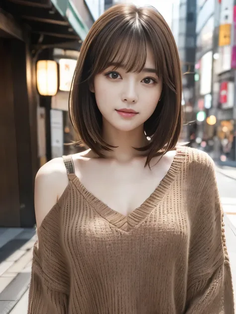 Ultra-high resolution, Quality, Best Quality, ultra detailed, Realistic, 8k, RAW Photos, Best Quality, masterpiece attractive girl, Nice girl, Brown Hair, Shoulder-length layered, Asymmetrical bangs, Japanese Idols, Sophisticated, stylish, V-neck knit, Shi...