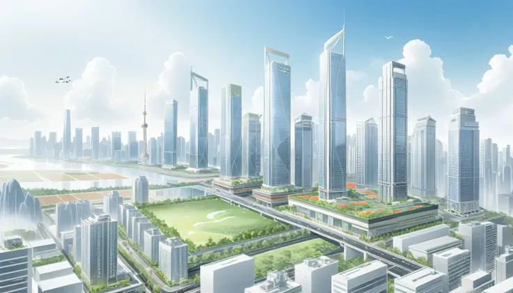 High-rise commercial area,Cityscape Overlooking,Huge modern city center,High-rise commercial area,Mainly line illustrations,Simplicity,Overlooking