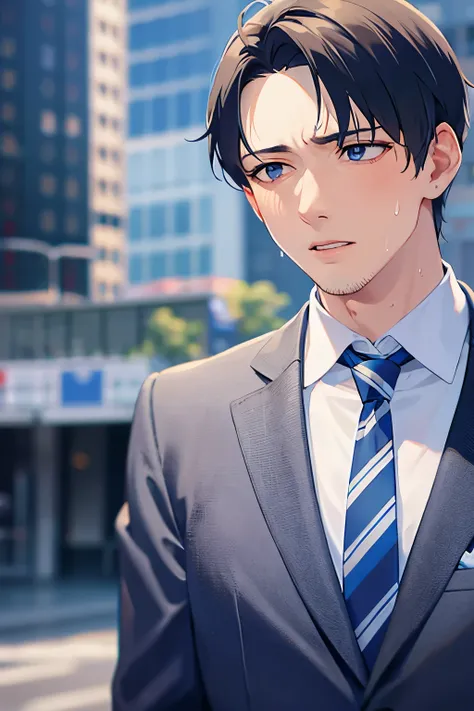 looking up, side angle, (looking away:1.5), Close up of your face, masterpiece、Best Quality、(2 male:1.5) and (Black short hair) and (blue eyes), (Wearing a suit:1.5) and (Blue tie)、Standing、Serious expression、(sweat:1.5), open mouth, The background is a ci...