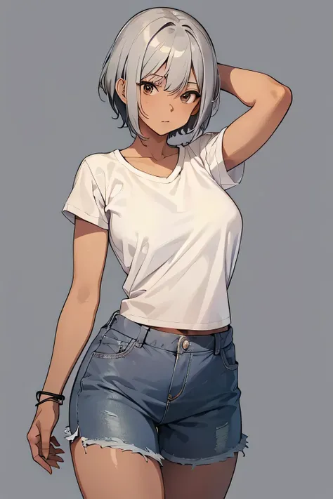 1 woman, plain shirt and ripped jeans, short silver hair, black eyes, bright brown skin, Medium breast, athletic build, with long legs and arm, High resolution, Masterpiece, Simple background, Anime style,