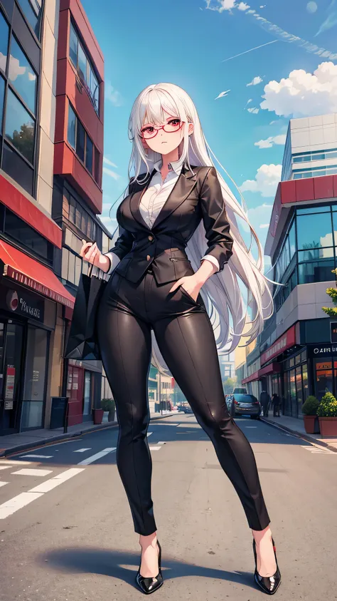 Cute brunette girl, with white hair, red eyes, serious look, black glasses, big breasts, big hips, small waist, office clothes, office pants, black formal shoes, full body, natural pose and a shopping center in the background .