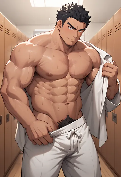 judo club, changing room, undressing, japanese male, sweat, short hair, black hair, chest hair, galandou