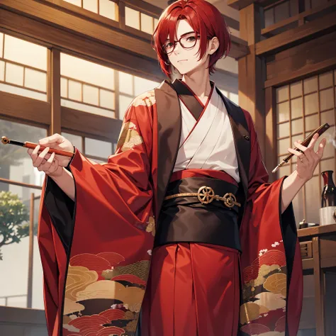 Red hair, round glasses, long-sleeved kimono, seductive, male, androgynous, short bob, smoking a pipe, background, Japanese style