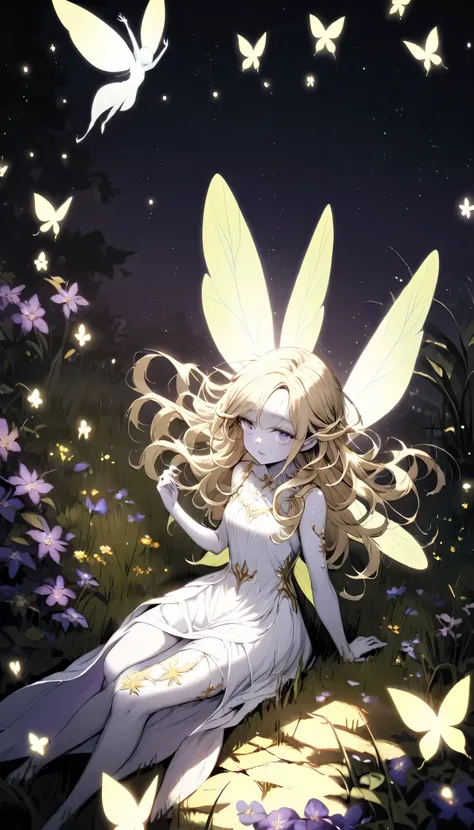 (((Beautiful Moonlight)), ((Long Blonde Hair)), ((Curly Hair)), ((White Clothes)), (White Skin), (Fairy), (Fairy Wings)