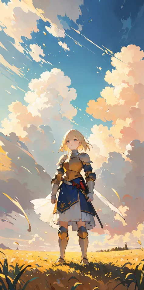 stunning painting of a knight with blonde hair, wheat field, epic clouds ((painterly)) ((impressionist)) vibrant, soft edges (((warm glow))) full body whole body view from below 1sologirl, feet together