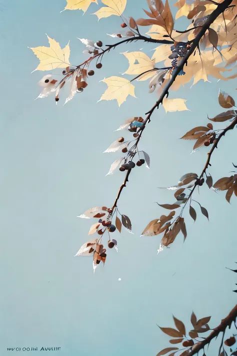 cold autumn twillight，dews on an empty tree branch，close-up，pale blue background