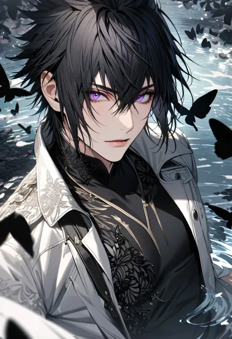 Ultra detailed, Highres, absurdres, Noctis Lucis Caelum, short black hair, purple eyes, Final Fantasy XV, white long coat with patterns, black flowers, petals, extremely handsome, sexy man, solo, very detailed eyes and face, black gloves, water, black butt...