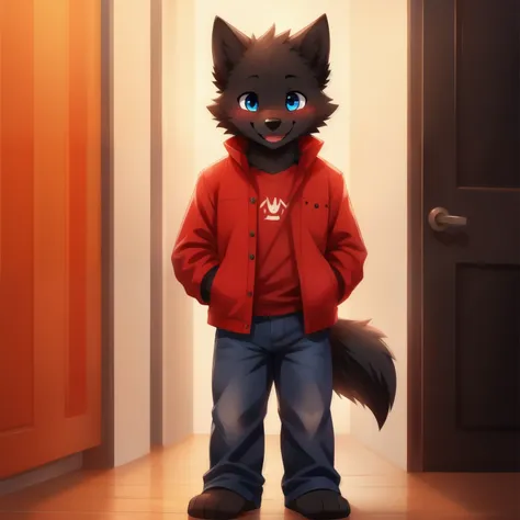 black wolf, boy, Cuteness, blush, happy face, Blue eyes, red jacket, jeans, Barefoot, Standing,