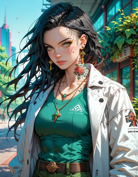 quality masterpiece, anime style, solo, female, big build, muscular definition, black hair, long hair, ((dreads)), golden eyes, Ear piercing, plant tattoos, White coat, green pants, diamond necklace, Gasmask, in a park, green plants, Bioluminescent Trees, ...