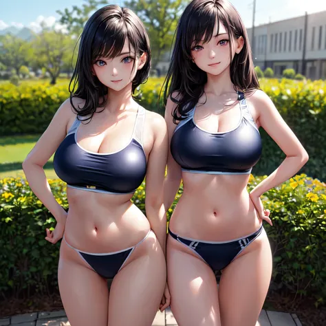 ((masterpiece,best quality,ultra detailed,high resolution)),daytime,sunlight,looking viewer,(2-girls),black hair,light-smile,(beautiful detailed face,beautiful detailed eyes,fair skin),((skinny,narrow waist)),(shiny-school-swimsuit),((athletic-bloomers)),o...