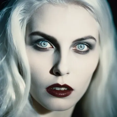 analog film photo of  female vampire a pale ice cold skin vampire woman with white hair and a white face and reflective eyes  in...