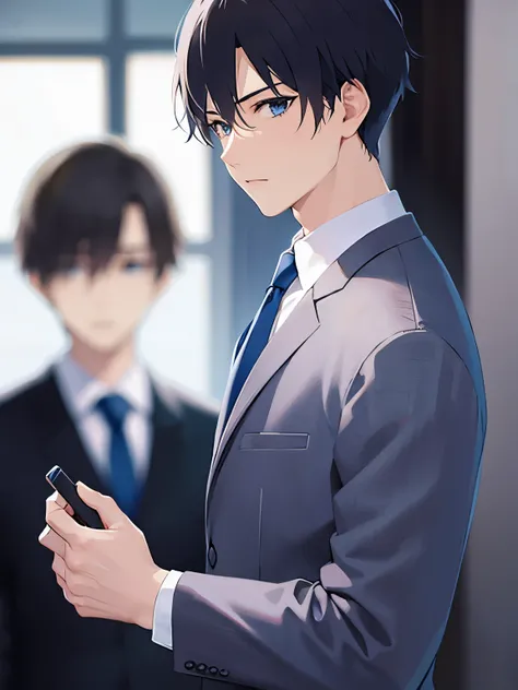 side angle, upper body, masterpiece、Best Quality、(2 male:1.5) and (Black short hair) and (blue eyes), (Wearing a suit:1.5) and (Blue tie)、Standing、Serious expression、 The background is the office、(Alone:1.5)
