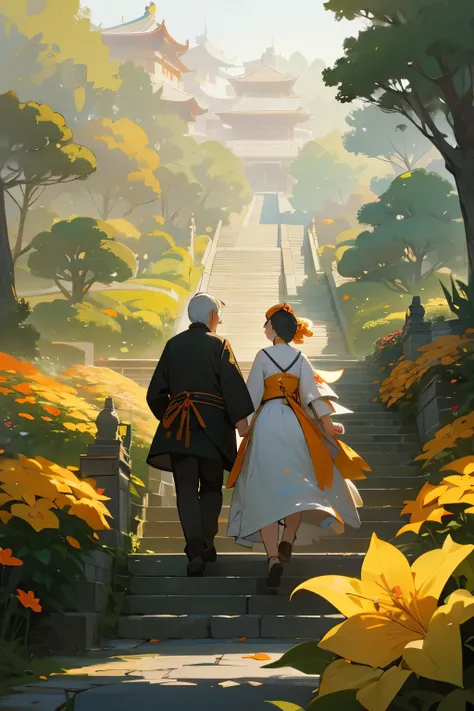 vector illustration of older couple walking the stairs near beautiful gardens, in the style of northern chinas terrain, uhd image, light orange and yellow, free-flowing surrealism, ferrania p30, flower and nature motifs --chaos 20 --niji 5 --ar 