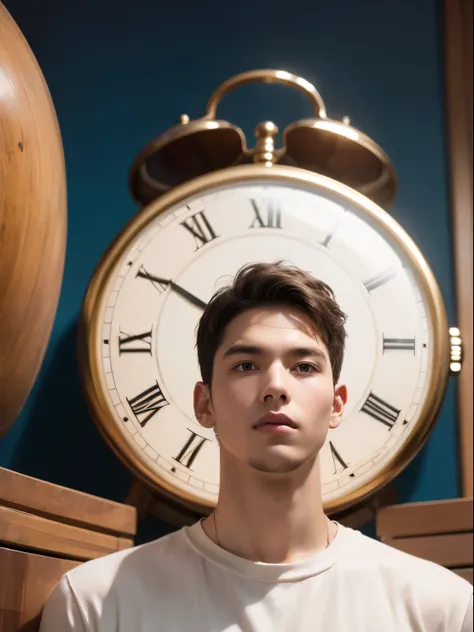 young man surrounded by clocks，time travel to the future