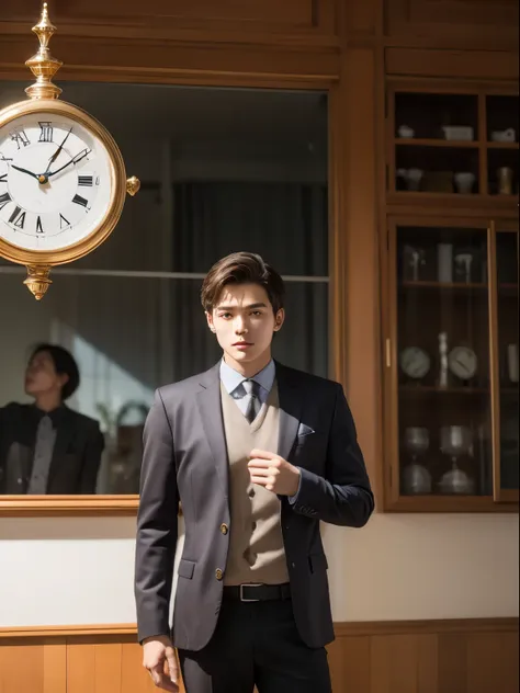 young man surrounded by clocks，time travel to the future