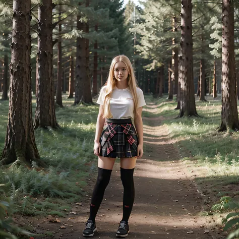 20-years old, girl, cute, fit, blonde hair, long hair, red checkered skirt, black overknee socks, forest, full body