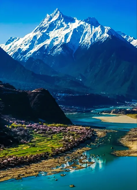 Snow-capped mountains and a river in the foreground, Mountains and rivers, , Stunning Himalayan landscapes, very Beautiful scenery, Beautiful mountains behind, very very Beautiful scenery, Himalayas, girl, Lovely valley, Mountains, rivers and trees, Mounta...