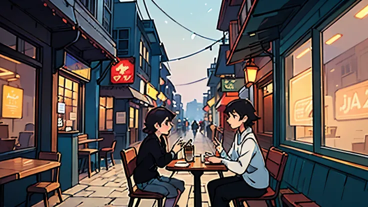 People at a table outside a cafe々is sitting, Concept art by Makoto Shinkai, Pixiv, Conceptual Art, Mellow, Gweiz-style artwork, ( ( makoto shinkai ) ), Detailed empty jazz cafe, everyone, Chill Hop, by Makoto Shinkai, guweiz and Makoto Shinkai, jazz album ...