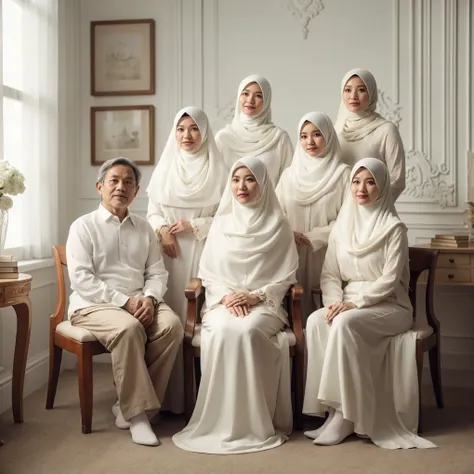 Indoor photography, Indonesian, 7 members, consists of a 60-year-old father and a 5 mother wearing a white hijab sitting one the wooden chair, five women aged 40, 35, 30, 28, and 24 wearing white pasmina hijab, wearing all-white clothing. The background fe...