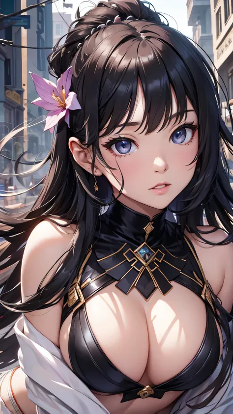 最high quality、Best image quality、masterpiece、Android Female((Android Body、cute、Best Bust、Long Hair、Big Bust、Open your chest wide,Black Hair、thin、The highest valley、Show the whole body、)）high quality、Beautiful art、background((In the middle of town)),Tableto...