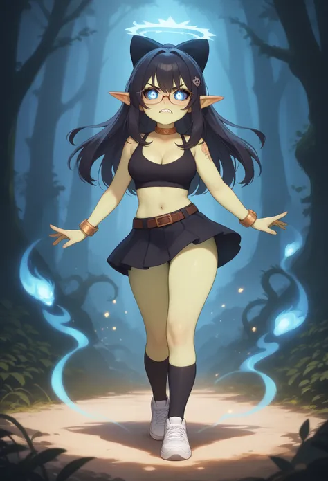 Prismatic coloration, holographic environment. a young goblin girl with green skin and short stature, standing in a fierce battle stance. She has light blue eyes with black sclera, heavy freckles on her face, and a goblin-like tail. Her sharp vampire-like ...