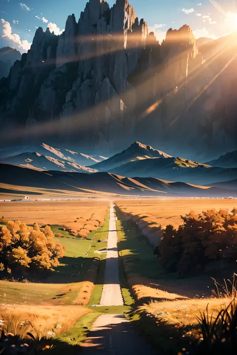 A noon in summer, plenty of sunshine, a clear road with a clear background, endless grass beside the road, rugged mountains in the distance, (high detail RAW photo), (Masterpiece, realistic, dramatic and cinematic lighting, key light, fill light), clear fo...