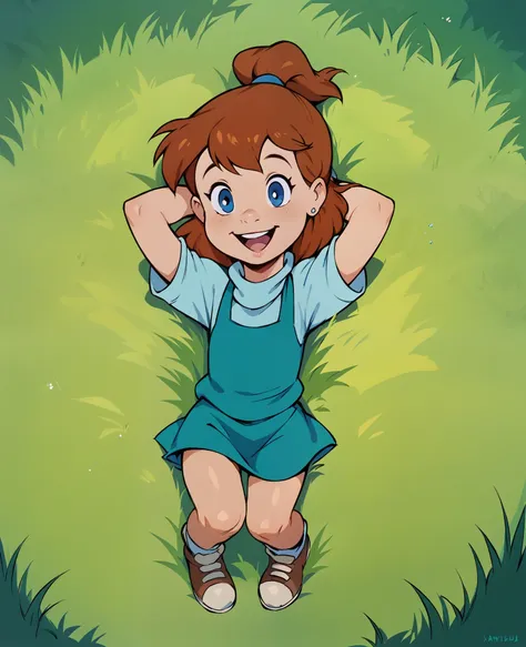 score_8, score_9, jenny, brown hair, ponytail, blue eyes, earrings, lying on back, in grass, hands behind head, open smile, full...