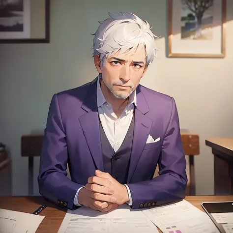 Hands clasped, Serious expression, masterpiece、high quality、(A 50-year-old man with short white hair and purple eyes:1.5)、Wearing a grey suit、 The background is the office、Alone、Sitting