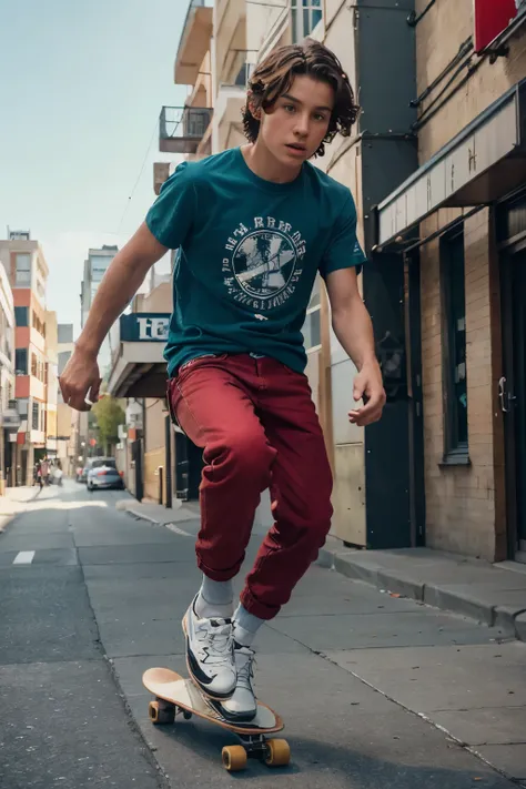 a boy riding a skateboard, highly detailed, hyperrealistic, 8k, photorealistic, professional photography, dynamic action pose, detailed facial features, short wavy brown hair, green eyes, athletic build, wearing a red t-shirt, blue jeans, black sneakers, m...