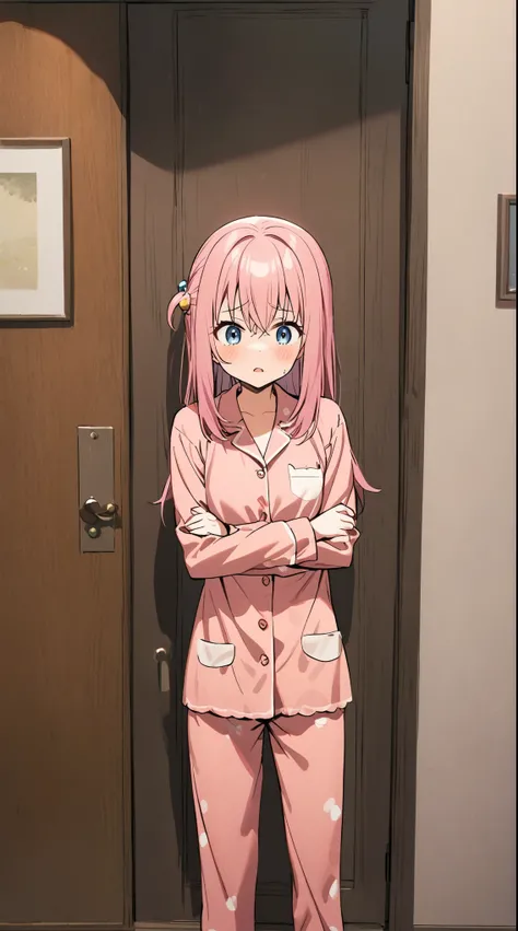 Pink hair girl folded arms，Wearing pajamas，Standing in front of the door