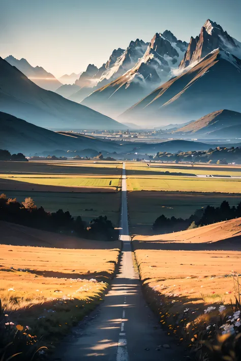 A noon in summer, plenty of sunshine, a road with a clear background, endless grass beside the road, rugged mountains in the distance, lakes in the distance, (high detail RAW photo), (Masterpiece, realistic, dramatic and cinematic lighting, key light, fill...