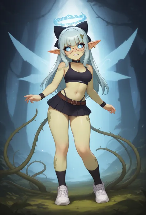 Prismatic coloration, holographic environment. a young goblin girl with Leaf green skin and short stature, standing in a fierce battle stance. She has light blue eyes with black sclera, heavy freckles on her face, and a goblin-like tail. Her sharp vampire-...