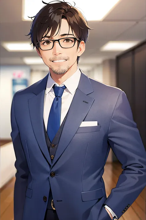 plastic frame eyewear, (grin:1.2), masterpiece、high quality、(A 50-year-old man with short brown hair and brown eyes:1.5)、Wearing a grey suit、 The background is an office interior、Alone、Standing
