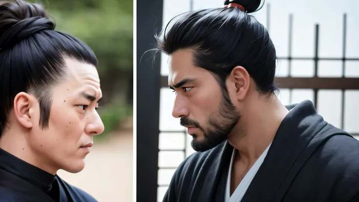 Topknot, Kamakura samurai, two middle-aged men, two people glaring at each other, in their 30s, arch enemies